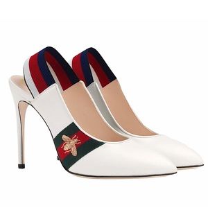 GUCCI White Leather Web Slingback Pump NIB